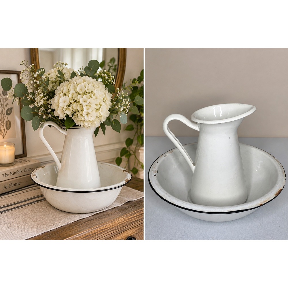 Vintage Enamel Pitcher and Basin Set White Distressed Rustic Farmhouse Decor